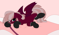 Size: 1332x796 | Tagged: safe, artist:little-sketches, edit, oc, oc only, oc:burgundy fang, bat pony, bat pony oc, bed, bedroom eyes, clothes, cute, female, fluffy, frilly socks, leash, looking at you, mare, on bed, socks, solo