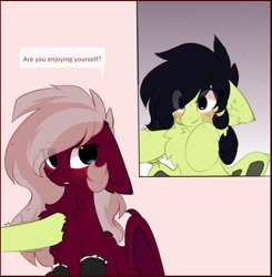 Size: 984x1005 | Tagged: safe, artist:little-sketches, oc, oc only, oc:burgundy fang, oc:maple, bat pony, annoyed, bat pony oc, blushing, chest fluff, clothes, cute, fluffy, frilly socks, nervous, panel, rubbing, socks, sweat, sweating bullets, sweating profusely, text, text bubbles