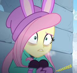 Size: 582x551 | Tagged: safe, artist:thedarkpony, edit, edited screencap, screencap, fluttershy, equestria girls, equestria girls series, holidays unwrapped, spoiler:eqg series (season 2), clothes, cropped, female, implied pissing, implied urine, implied wetting, onomatopoeia, pee edit, scared, solo, winter outfit