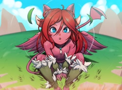 Size: 2000x1483 | Tagged: safe, artist:mfus, oc, oc:seraphic crimson, anthro, blue eyes, femboy, field, looking at you, male, outdoors, red hair, sitting, solo, wakfu, wings