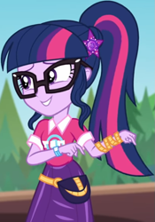 Size: 585x838 | Tagged: safe, screencap, sci-twi, twilight sparkle, better together, equestria girls, sunset's backstage pass!, clothes, collar, cropped, cute, female, forest, forest background, geode of telekinesis, glasses, hairclip, lidded eyes, magical geodes, music festival outfit, ponytail, pouch, shirt, short sleeves, skirt, smiling, twiabetes, wrist wraps