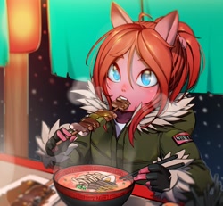 Size: 2000x1845 | Tagged: safe, artist:mfus, oc, oc:seraphic crimson, anthro, clothes, eating, femboy, food, jacket, male, meat, noodles, outdoors, ponytail, ramen, red hair, solo