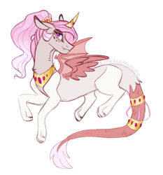 Size: 659x707 | Tagged: safe, artist:butteredpawpcorn, oc, oc:sunglight harmony, draconequus, hybrid, curved horn, female, horn, horn ring, interspecies offspring, jewelry, mare, next generation, offspring, parent:discord, parent:princess celestia, parents:dislestia, simple background, solo, tail ring, white background