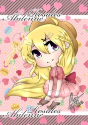 Size: 751x1063 | Tagged: safe, artist:abichobitsmoon, applejack, human, chibi, clothes, female, food, humanized, macaron, solo