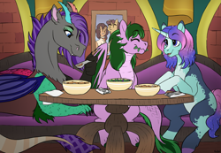 Size: 1280x888 | Tagged: safe, artist:honiibree, oc, oc only, oc:mayhem, oc:nebula, oc:relic rune, draconequus, dracony, hybrid, pony, unicorn, bowl, draconequus oc, eating, food, multicolored coat, picture frame, restaurant, sitting, spoon, table, the tasty treat