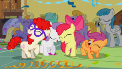 Size: 1280x720 | Tagged: safe, derpibooru import, screencap, apple bloom, scootaloo, sweetie belle, twist, call of the cutie, cutie mark crusaders, dancing