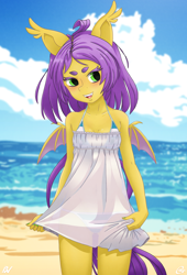 Size: 1000x1472 | Tagged: safe, artist:oatmeal, artist:pixel's workstation, derpibooru import, oc, oc only, oc:grape vine, anthro, bat pony, bat pony oc, beach, bikini, clothes, dress, female, solo, swimsuit