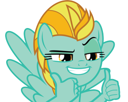 Size: 9401x7526 | Tagged: safe, artist:wissle, lightning dust, anthro, pegasus, pony, the washouts (episode), absurd resolution, evil grin, female, grin, happy, mare, raised eyebrow, simple background, smiling, smug, solo, spread wings, suddenly hands, thumbs up, transparent background, vector, wat, wings