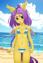 Size: 1000x1472 | Tagged: safe, artist:oatmeal, artist:pixel's workstation, derpibooru import, oc, oc only, oc:grape vine, anthro, bat pony, bat pony oc, beach, belly button, bikini, breasts, clothes, delicious flat chest, female, solo, swimsuit