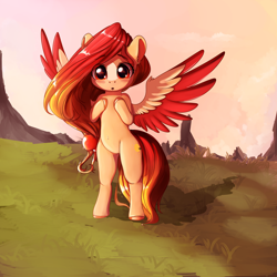 Size: 3200x3200 | Tagged: safe, artist:miokomata, derpibooru import, oc, oc only, oc:summer peach, pegasus, pony, bipedal, female, mare, solo, spread wings, wings