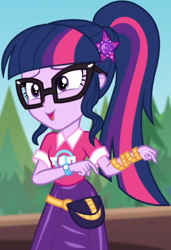 Size: 566x827 | Tagged: safe, screencap, sci-twi, twilight sparkle, better together, equestria girls, sunset's backstage pass!, clothes, collar, cropped, cute, female, forest, forest background, geode of telekinesis, glasses, hairclip, lidded eyes, logo, magical geodes, music festival outfit, ponytail, pouch, shirt, short sleeves, skirt, smiling, twiabetes, wrist wraps