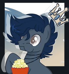 Size: 1300x1400 | Tagged: safe, artist:sapiira, derpibooru import, oc, pony, crown, food, jewelry, male, popcorn, regalia, solo, stallion