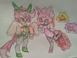 Size: 1040x780 | Tagged: safe, artist:trainerrichie, scootaloo, twist, earth pony, pegasus, semi-anthro, bunny suit, clothes, cuffs (clothes), female, fishnet stockings, glasses, lesbian, traditional art