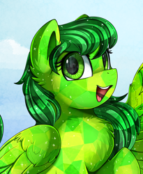 Size: 1446x1764 | Tagged: safe, artist:pridark, oc, oc only, oc:emerald radiance, crystal pony, pegasus, pony, bust, chest fluff, commission, crystal pegasus, digital art, female, mare, open mouth, portrait, smiling, solo