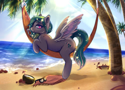 Size: 3000x2172 | Tagged: safe, artist:raranfa, paradise, oc, oc only, oc:star universe, crab, pegasus, pony, beach, between legs, coconut, cute, drink, drinking hat, female, food, hammock, hat, looking at you, mare, ocean, palm tree, profile, side view, solo, spread wings, sun, sun ray, sunglasses, sunny, tree, wings