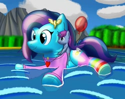 Size: 1006x794 | Tagged: safe, artist:bladedragoon7575, oc, oc only, oc:cirrus updraft, oc:mobian, inflatable pony, pony, balloon, cute, hug, inflatable, lake, ponies riding ponies, riding, ych result