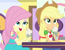 Size: 1405x1080 | Tagged: safe, screencap, applejack, fluttershy, better together, equestria girls, holidays unwrapped, applejack's hat, canterlot mall, cowboy hat, cropped, cute, dashing through the mall, drinking straw, duo, duo female, female, geode of fauna, geode of super speed, hat, ice cream soda, jackabetes, lidded eyes, magical geodes, open mouth, shyabetes, smiling, table