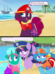 Size: 1080x1440 | Tagged: safe, artist:rainbow eevee edits, artist:徐詩珮, fizzlepop berrytwist, glitter drops, spring rain, tempest shadow, twilight sparkle, twilight sparkle (alicorn), alicorn, unicorn, series:sprglitemplight diary, series:sprglitemplight life jacket days, series:springshadowdrops diary, series:springshadowdrops life jacket days, alternate universe, beach, bisexual, broken horn, clothes, crying, dialogue, equestria girls outfit, female, glitterbetes, glitterlight, glittershadow, happy birthday, horn, lesbian, lifeguard, lifeguard spring rain, paw patrol, polyamory, shipping, sprglitemplight, springbetes, springdrops, springlight, springshadow, springshadowdrops, stock image, tears of joy, tempest the birthday guest, tempestbetes, tempestlight