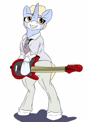 Size: 2480x3507 | Tagged: safe, artist:mcsplosion, oc, oc:nootaz, semi-anthro, bipedal, clothes, costume, david bowie, female, guitar, musical instrument, necktie, nootvember 2019, pants, shirt, smiling, smirk, solo