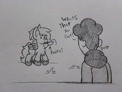 Size: 2576x1932 | Tagged: safe, artist:drheartdoodles, oc, oc:anon, oc:dr.heart, human, pegasus, pony, :3, chibi, clothes, clydesdale, dialogue, grass, jacket, knife, pencil drawing, traditional art