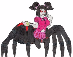 Size: 3097x2434 | Tagged: safe, artist:deathless-master, derpibooru import, oc, oc only, oc:charlotte silk, anthro, drider, monster pony, original species, spiderpony, anthro oc, clothes, costume, female, mare, muffet, smiling, solo, traditional art, undertale