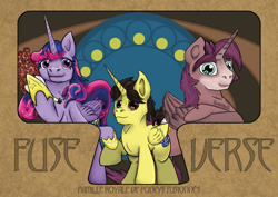 Size: 1920x1358 | Tagged: safe, artist:khaki-cap, oc, oc:king speedy hooves, oc:queen galaxia, oc:tommy the human, alicorn, affiche art nouveau de la famille royal, alicorn oc, alicorn princess, colt, commission, commissioner:bigonionbean, famille royale de poneys fusionnés, father and child, father and son, female, flower bouquet, foal, french, fusion, fusion:king speedy hooves, fusion:queen galaxia, husband and wife, male, mare, modern art, mother and child, mother and son, nouveau, parent and child, royal family, stallion