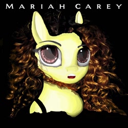 Size: 1278x1278 | Tagged: safe, artist:eris azure, oc, oc only, earth pony, pony, 1990, album, album cover, black background, blonde hair, blonde mane, bust, curly hair, curly mane, eye open, eyeshadow, makeup, mariah carey, photoshop, red eyes, simple background, solo