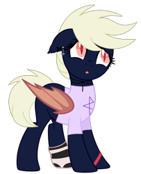 Size: 2009x2473 | Tagged: safe, artist:lazuli, artist:rukemon, oc, oc only, oc:sketchy fang, bat pony, pony, base used, bat pony oc, clothes, commission, ear piercing, earring, female, jewelry, mare, necklace, open mouth, pentagram, piercing, shirt, simple background, socks, solo, striped socks, t-shirt, transparent background, wristband