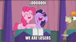 Size: 888x499 | Tagged: safe, derpibooru import, edit, edited screencap, screencap, cranky doodle donkey, pinkie pie, twilight sparkle, twilight sparkle (alicorn), alicorn, earth pony, pony, a trivial pursuit, blank notepad, caption, discovery family logo, floppy ears, image macro, laughing, laughingmares.jpg, meme, messy mane, notepad, text, wig