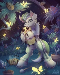 Size: 2000x2500 | Tagged: safe, artist:alexbluebird, oc, oc only, oc:enigma, bee, butterfly, earth pony, insect, pony, adorable face, bipedal, clothes, cuddling, cute, daaaaaaaaaaaw, ear fluff, fluffy, garden, glasses, glow, hug, male, ocbetes, plant, smiling, solo, space, space station 13, weapons-grade cute
