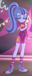 Size: 257x604 | Tagged: safe, screencap, aria blaze, sonata dusk, better together, equestria girls, find the magic, clothes, converse, cropped, dress, eyes closed, legs, offscreen character, ponytail, sad, shoes, sneakers, socks, taco dress