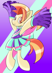 Size: 1500x2100 | Tagged: safe, artist:notadeliciouspotato, shimmy shake, earth pony, pony, 2 4 6 greaaat, bipedal, cheerleader, cheerleader outfit, clothes, cute, female, mare, pleated skirt, pom pom, ponytail, skirt, skirt lift, smiling, solo