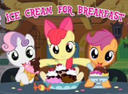 Size: 482x355 | Tagged: safe, apple bloom, scootaloo, sweetie belle, earth pony, pegasus, pony, unicorn, adorabloom, breakfast, cute, cutealoo, cutie mark crusaders, dessert, diasweetes, female, filly, food, gameloft, ice cream, looking at you, meme, ribbon, table, text, this will end in diabetes, this will end in weight gain, tongue out, wow! glimmer