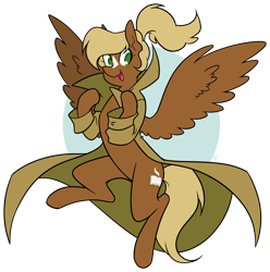 Size: 1200x1210 | Tagged: safe, artist:egophiliac, oc, oc only, oc:threnody, pegasus, pony, fallout equestria, fallout equestria: speak, blaze (coat marking), clothes, coat, fanfic art, female, happy, palindrome get, simple background, smiling, solo, spread wings, transparent background, wings