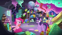 Size: 1920x1080 | Tagged: safe, screencap, pinkie pie, spike, twilight sparkle, twilight sparkle (alicorn), alicorn, dragon, pony, the last problem, party cave, winged spike