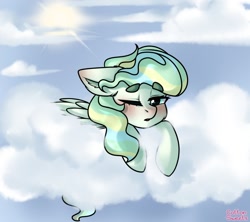 Size: 1350x1200 | Tagged: safe, artist:cottonsweets, vapor trail, pegasus, pony, blushing, cheek fluff, cloud, cute, ear fluff, female, floppy ears, looking at you, mare, on a cloud, one eye closed, open mouth, prone, sky, solo, sun, vaporbetes