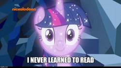 Size: 888x499 | Tagged: safe, derpibooru import, edit, edited screencap, screencap, twilight sparkle, pony, the maud couple, what lies beneath, dialogue, female, i never learned to read, image macro, mare, meme, nickelodeon, smiling, sparkles, treelight sparkle