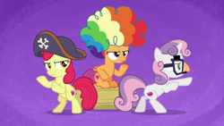 Size: 1280x720 | Tagged: safe, derpibooru import, screencap, apple bloom, scootaloo, sweetie belle, pony, hard to say anything, clown wig, cutie mark crusaders, glasses, groucho mask, hat, pirate hat