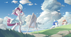 Size: 5300x2800 | Tagged: safe, artist:dreamweaverpony, oc, oc only, oc:lady diamante, oc:lumi, oc:shade, earth pony, pegasus, unicorn, absurd resolution, anime style, basket, beautiful, blue eyes, blue hair, blushing, bread, brush, canvas, clothes, cloud, detailed background, dress, earth, female, fluffy, food, glasses, grass, hat, mare, ocean, paintbrush, painting, picnic, picnic basket, red eyes, red hair, red mane, red tail, scar, scenery, skirt lift, summer, toast, wind, windswept hair, windswept mane, windswept tail
