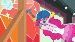 Size: 1920x1080 | Tagged: safe, screencap, pinkie pie, better together, constructive criticism, constructive criticism: pinkie pie, equestria girls, clothes, cute, diapinkes, female, geode of sugar bombs, gloves, goggles, hammer, hard hat, magical geodes, safety goggles, smiling, solo