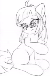 Size: 1292x1939 | Tagged: safe, artist:zemer, derpibooru import, oc, oc:sphee, pony, blank flank, glasses, monochrome, sitting