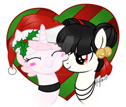 Size: 900x761 | Tagged: safe, artist:flufflesauce, artist:mayrinmewmew, derpibooru import, oc, oc only, oc:cashmere button, oc:jasmine ink, pony, christmas, couple, cute, female, group, holiday, lesbian, lgbt, lgbtq, nuzzling, obtrusive watermark, oc couple, watermark