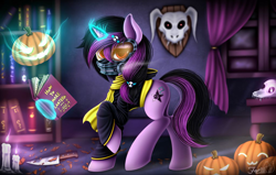 Size: 1024x652 | Tagged: safe, alternate version, artist:hoodiefoxy, oc, oc:blake light, pony, unicorn, book, bookshelf, clothes, cutie mark, halloween, holiday, indoors, jack-o-lantern, lantern, levitation, magic, mask, pumpkin, raised hoof, solo, spellbook, telekinesis