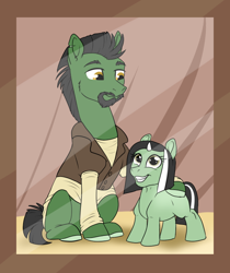 Size: 646x770 | Tagged: safe, artist:mythpony, derpibooru import, oc, oc only, oc:razor, earth pony, pony, unicorn, father and child, father and daughter, female, filly, male, parent and child, stallion