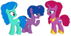 Size: 1848x930 | Tagged: safe, artist:徐詩珮, oc, oc:betty pop, oc:spring legrt, oc:storm lightning, pony, unicorn, base used, female, half-siblings, magical lesbian spawn, mare, next generation, offspring, parent:glitter drops, parent:spring rain, parent:tempest shadow, parents:glittershadow, parents:springdrops, parents:springshadow, parents:springshadowdrops, siblings, simple background, sisters, transparent background