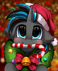 Size: 1446x1764 | Tagged: safe, artist:pridark, oc, oc:blaze, pony, unicorn, bell, blushing, candy, candy cane, christmas, commission, cute, food, hat, holiday, mouth hold, ocbetes, pridark's christmas ponies, santa hat, solo, wreath, ych result