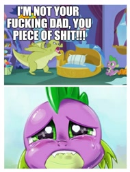 Size: 3106x4096 | Tagged: safe, artist:kp-shadowsquirrel, derpibooru import, edit, edited screencap, editor:useraccount, screencap, sludge (g4), smolder, spike, dragon, father knows beast, abuse, background pony strikes again, crying, downvote bait, op is a cuck, op is trying to start shit, sad, spikeabuse, vulgar, winged spike