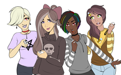 Size: 4753x2960 | Tagged: safe, artist:emberfan11, artist:icey-wicey-1517, color edit, edit, oc, oc only, oc:goth mocha, oc:marigold bloom, oc:night rainbow, oc:sketchy fang, bee, human, vampire, collaboration, bone, bow, choker, clothes, colored, cross, dark skin, ear piercing, earring, eyebrow piercing, fangs, female, freckles, hair bow, hairpin, heart, hoodie, humanized, humanized oc, jeans, jewelry, joycon, lipstick, multicolored hair, nail polish, nintendo switch, open mouth, pants, pentagram, piercing, rainbow hair, shirt, simple background, skirt, skull, sweater, t-shirt, transparent background