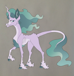 Size: 1820x1869 | Tagged: safe, artist:nightshade2004, mistmane, classical unicorn, pony, unicorn, alternate design, cloven hooves, crooked horn, gray background, horn, leonine tail, simple background, skinny, solo, unshorn fetlocks