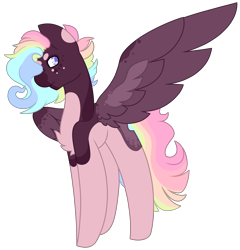 Size: 2789x2901 | Tagged: safe, artist:midnightamber, oc, oc:jaxon, pegasus, pony, eye covered by hair, fullbody, muticolored body, muticolored mane, rainbow hair, simple background, smiling, solo, spots, spread wings, standing, transparent background, wings